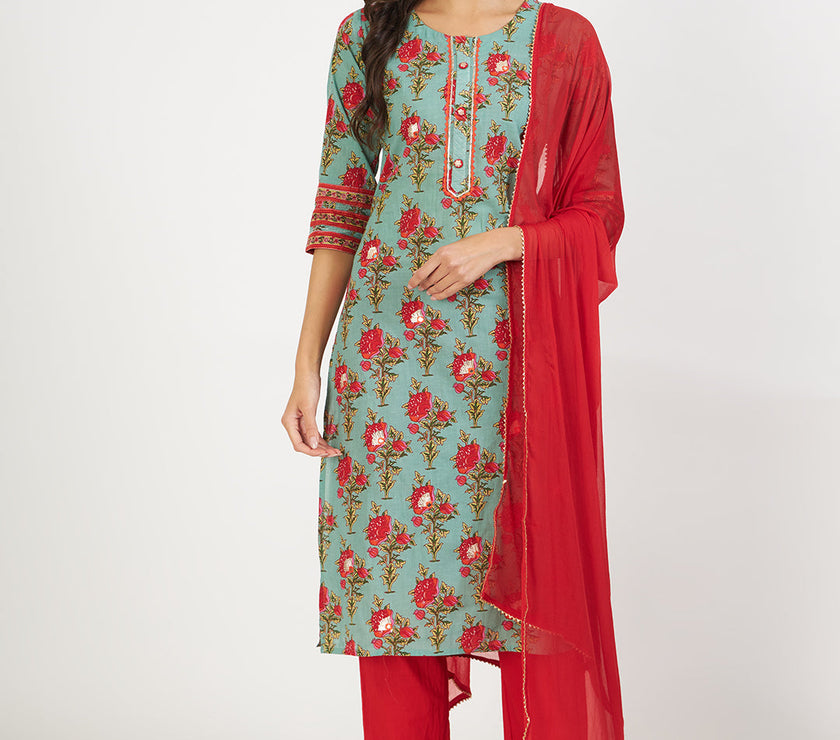 Divena Green Floral Print Cotton Kurta pant with Dupatta set