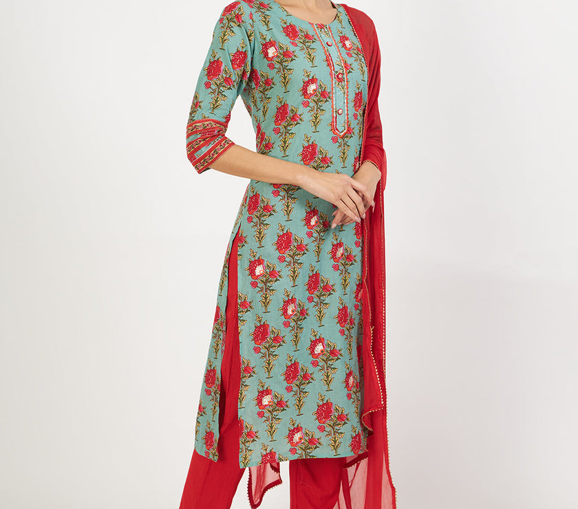 Divena Green Floral Print Cotton Kurta pant with Dupatta set