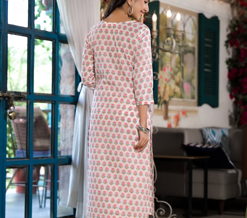 Divena White & Pink Floral Printed Cotton Kurta with Trouser