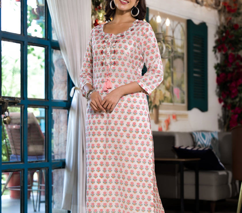 Divena White & Pink Floral Printed Cotton Kurta with Trouser