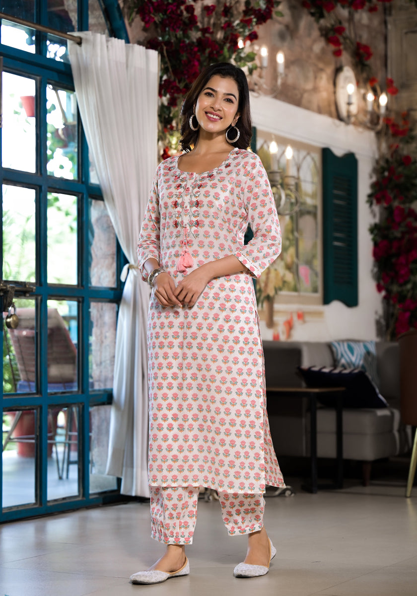 Divena White & Pink Floral Printed Cotton Kurta with Trouser