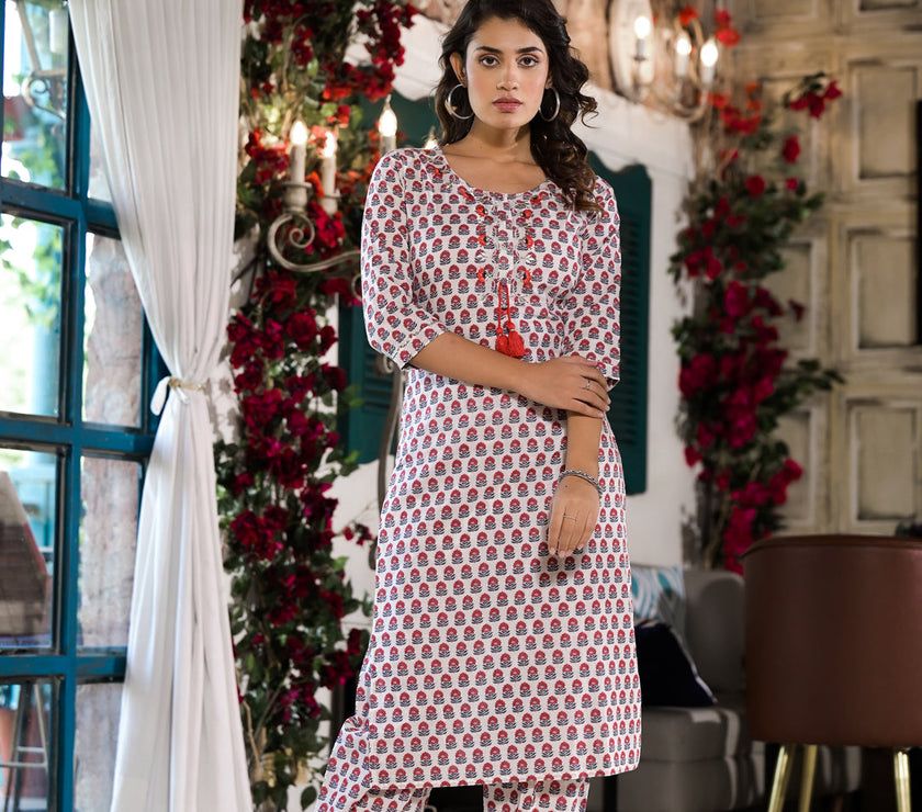 Divena White & Red Floral Printed Cotton Kurta with Trouser