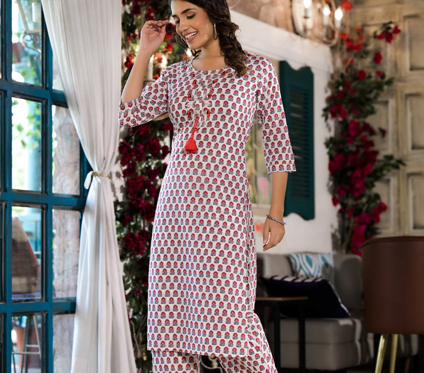 Divena White & Red Floral Printed Cotton Kurta with Trouser