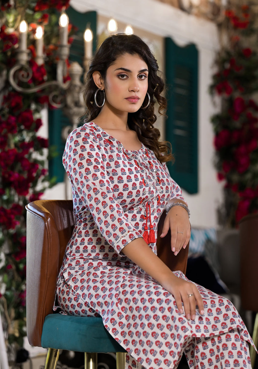 Divena White & Red Floral Printed Cotton Kurta with Trouser