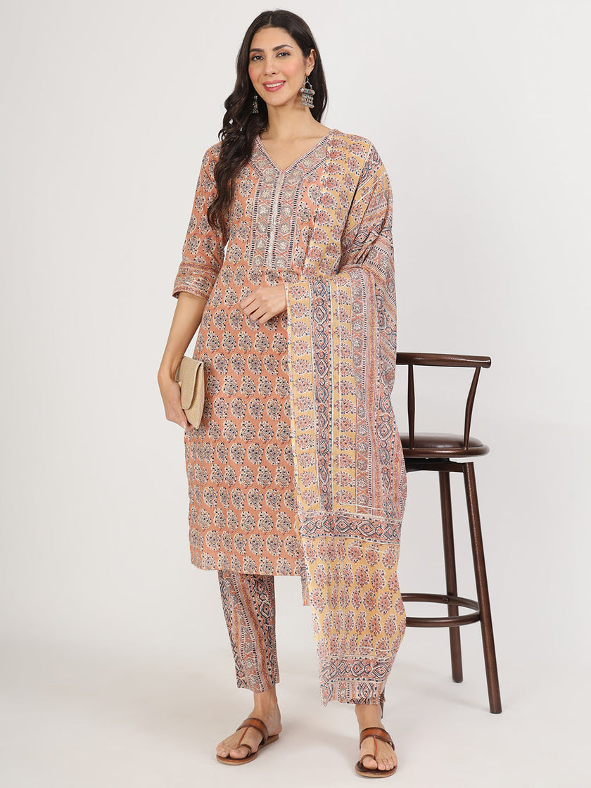 Divena Brown Embroidered Cotton Kurta pants with Dupatta set