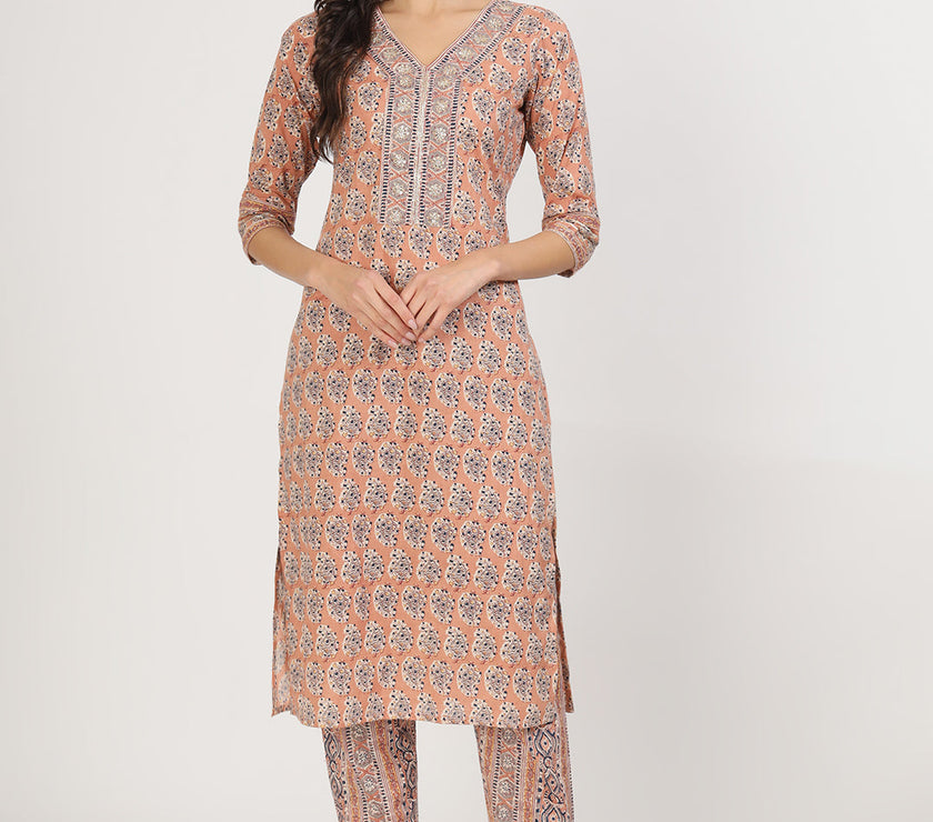 Divena Brown Embroidered Cotton Kurta pants with Dupatta set