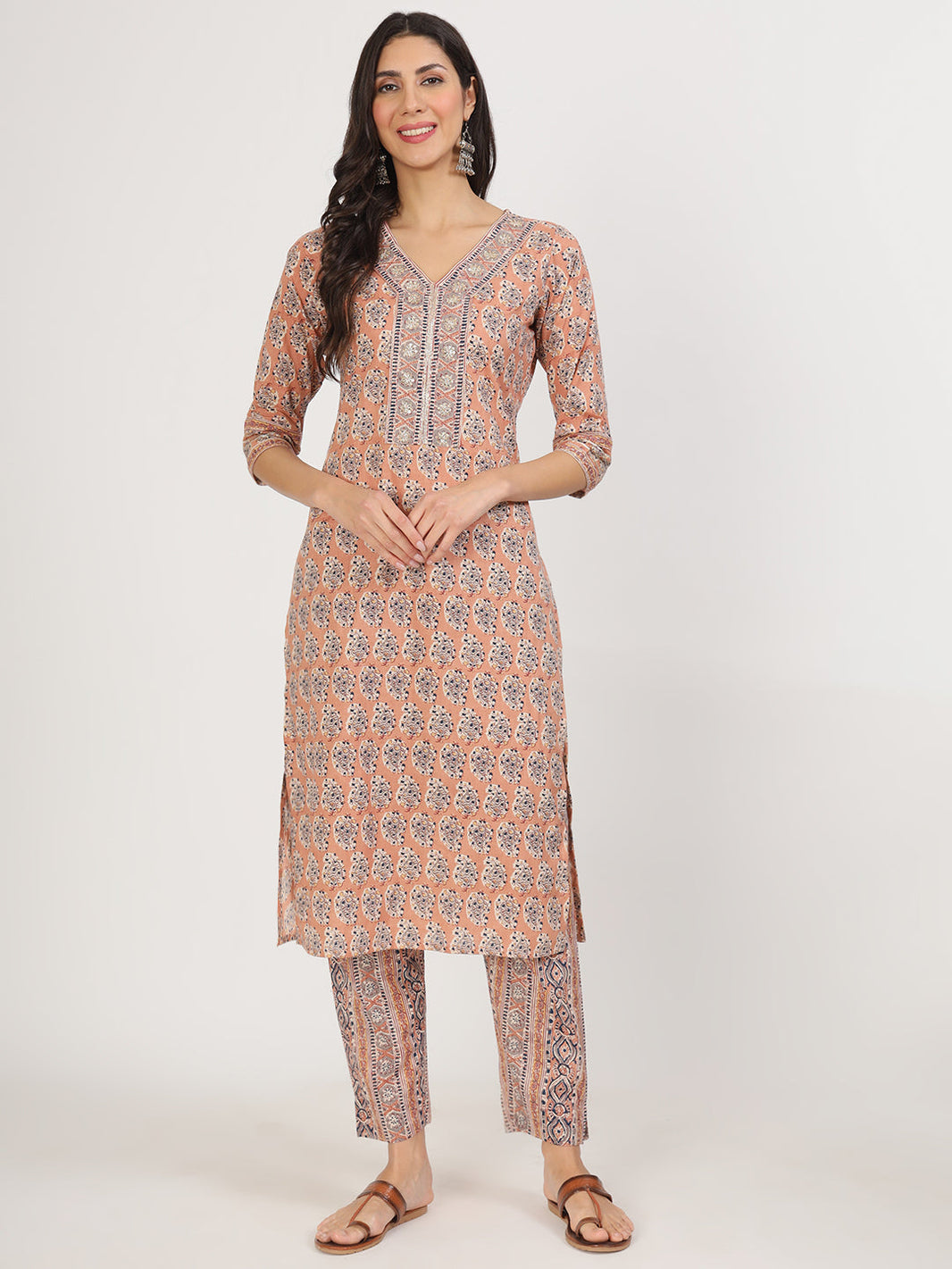 Divena Brown Embroidered Cotton Kurta pants with Dupatta set