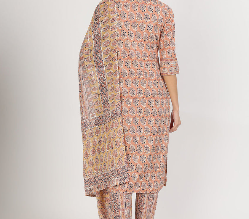 Divena Brown Embroidered Cotton Kurta pants with Dupatta set