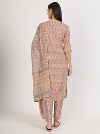 Divena Brown Embroidered Cotton Kurta pants with Dupatta set