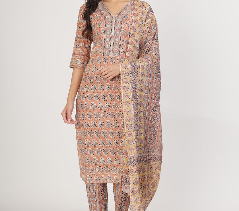 Divena Brown Embroidered Cotton Kurta pants with Dupatta set