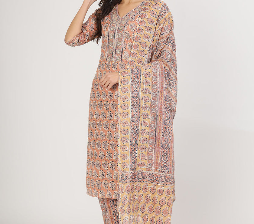 Divena Brown Embroidered Cotton Kurta pants with Dupatta set