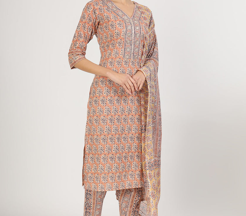 Divena Brown Embroidered Cotton Kurta pants with Dupatta set