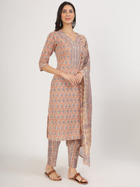 Divena Brown Embroidered Cotton Kurta pants with Dupatta set