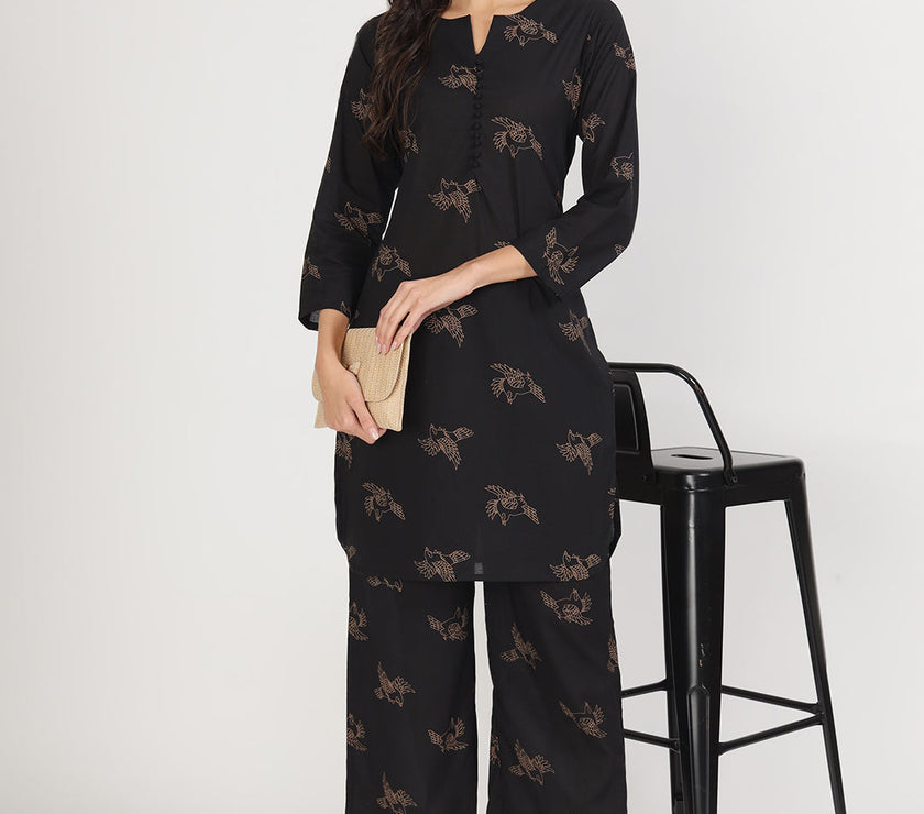 Divena Black Printed Kurta with Trouser Co-Ord Set