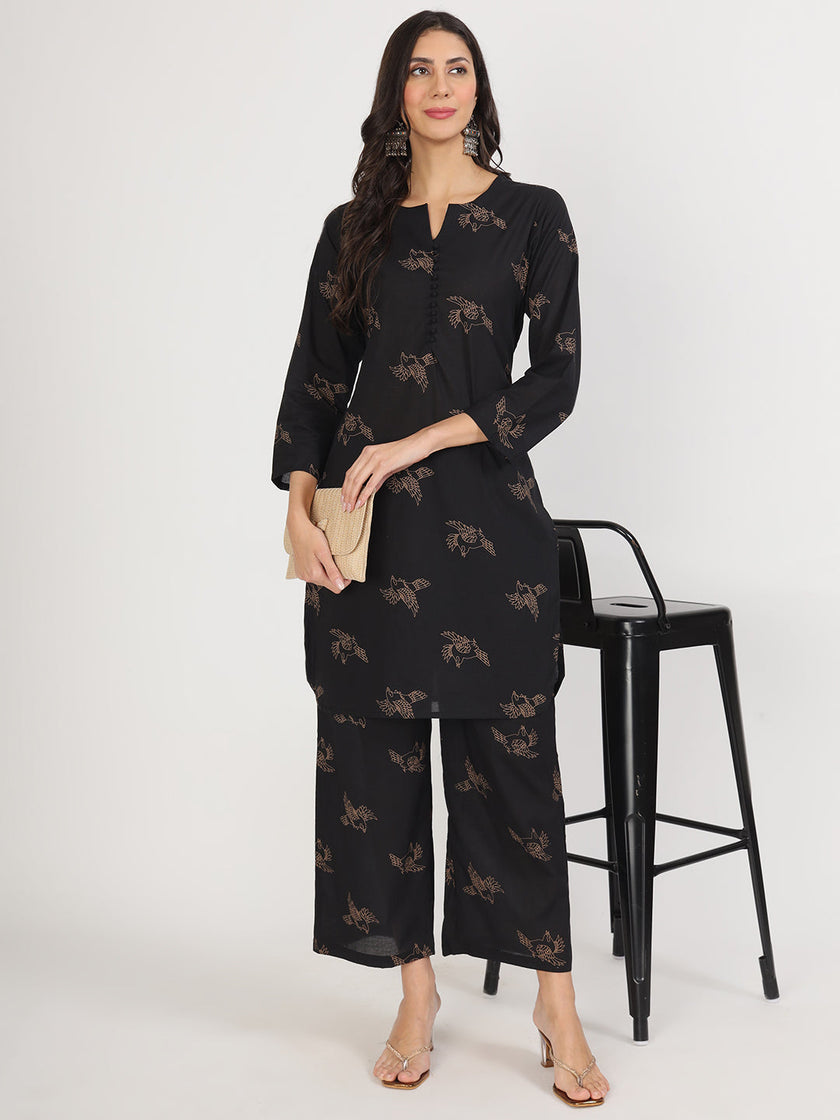 Divena Black Printed Kurta with Trouser Co-Ord Set