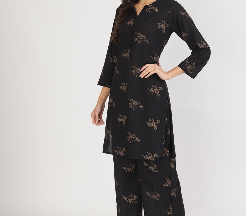 Divena Black Printed Kurta with Trouser Co-Ord Set