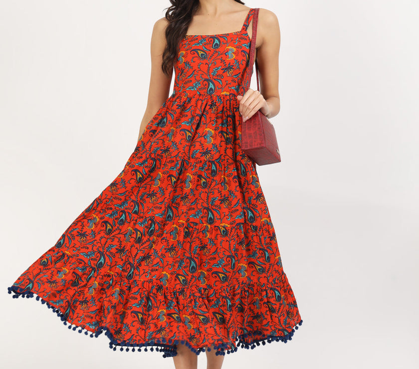 Divena Red Floral Printed Cotton Dress