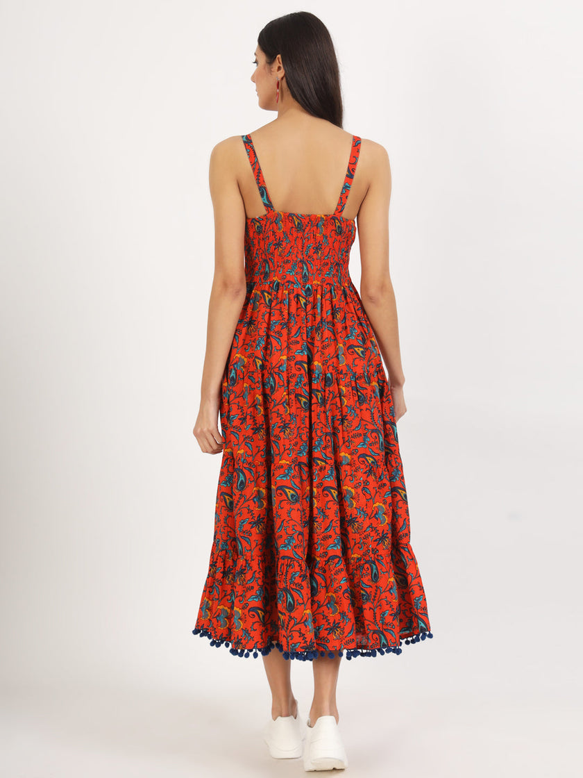 Divena Red Floral Printed Cotton Dress