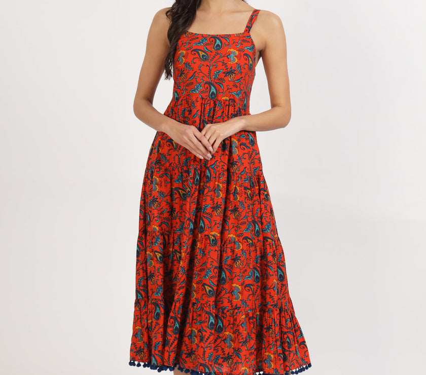 Divena Red Floral Printed Cotton Dress