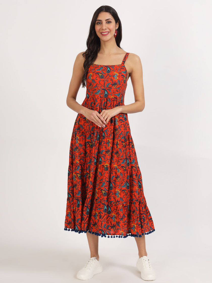 Divena Red Floral Printed Cotton Dress