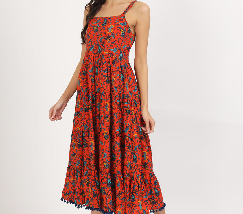 Divena Red Floral Printed Cotton Dress