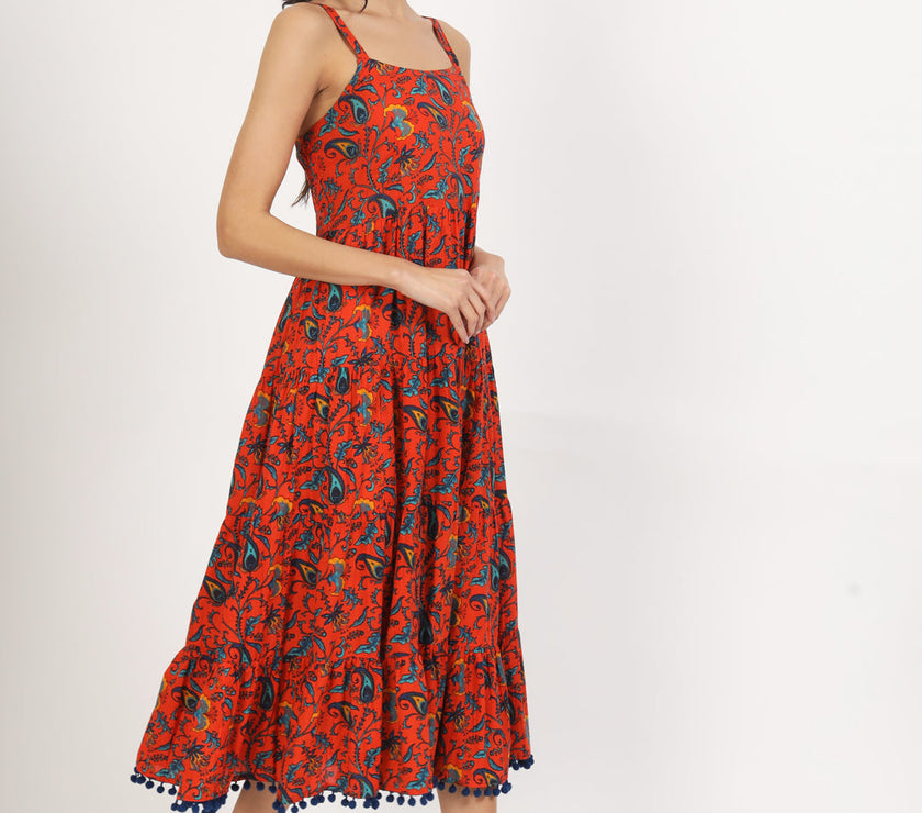 Divena Red Floral Printed Cotton Dress