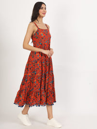 Divena Red Floral Printed Cotton Dress