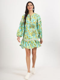 Divena Green Floral Printed Rayon Dress