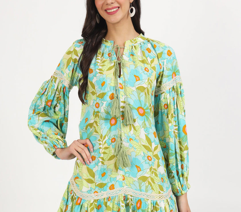 Divena Green Floral Printed Rayon Dress