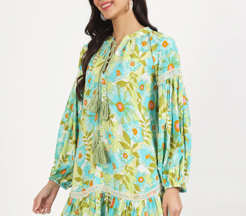 Divena Green Floral Printed Rayon Dress