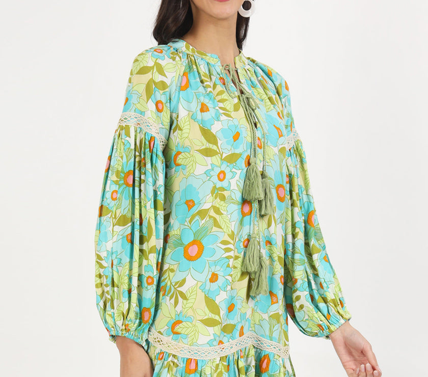 Divena Green Floral Printed Rayon Dress