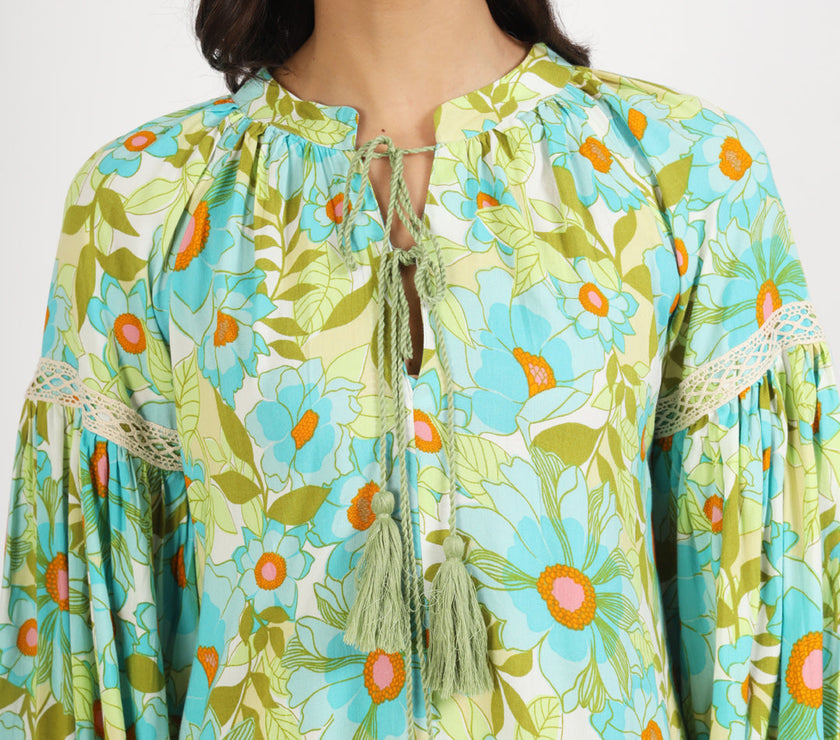 Divena Green Floral Printed Rayon Dress