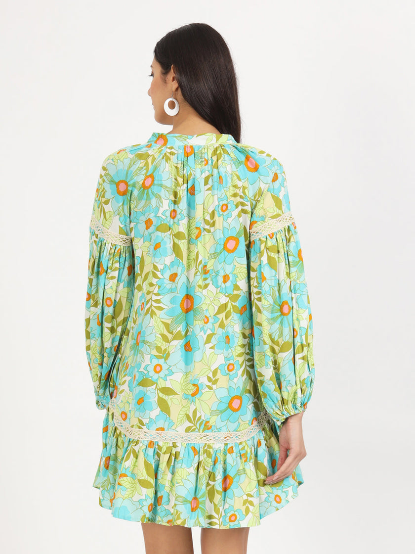 Divena Green Floral Printed Rayon Dress