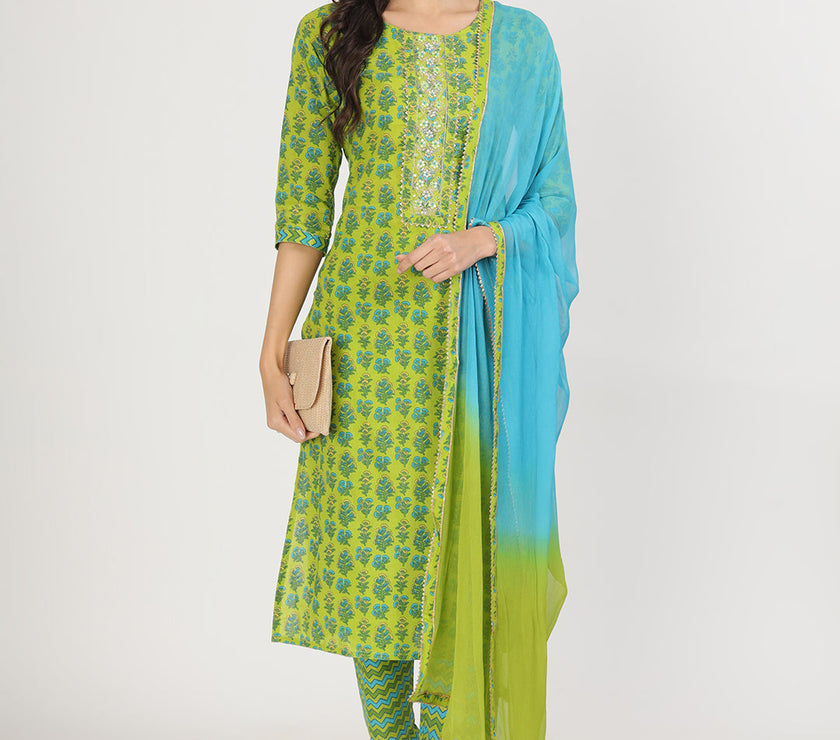 Divena Green Floral Print Cotton Kurta Pants with Dupatta set for women