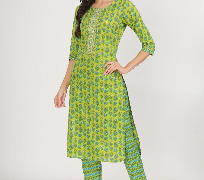 Divena Green Floral Print Cotton Kurta Pants with Dupatta set for women