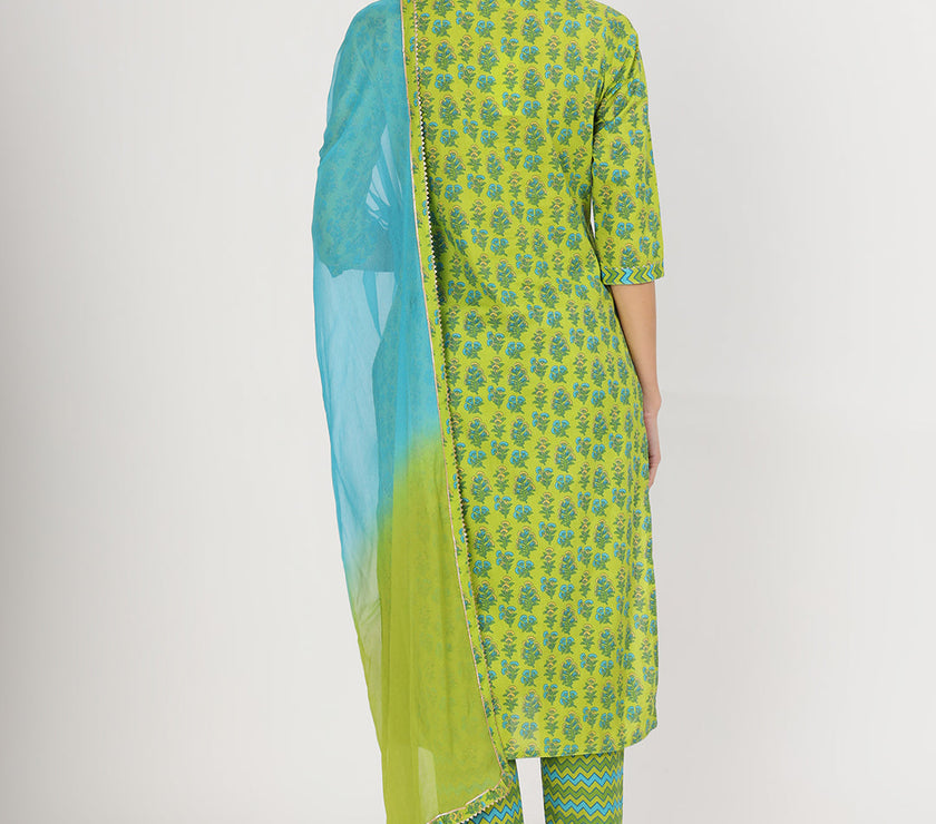 Divena Green Floral Print Cotton Kurta Pants with Dupatta set for women