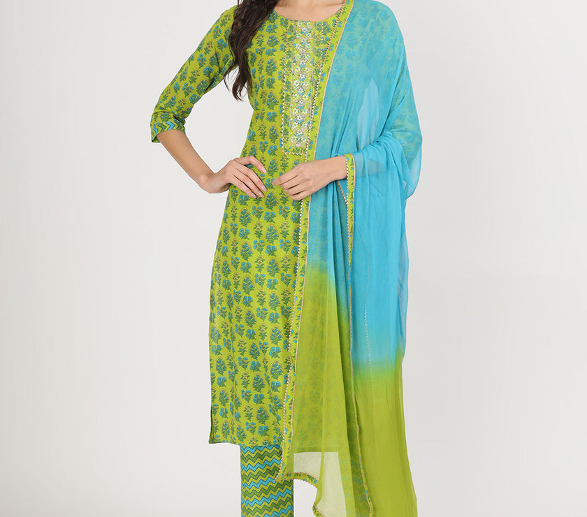 Divena Green Floral Print Cotton Kurta Pants with Dupatta set for women