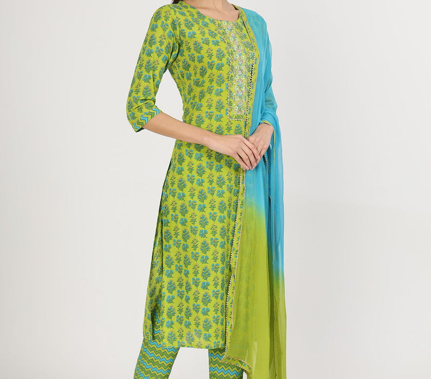 Divena Green Floral Print Cotton Kurta Pants with Dupatta set for women