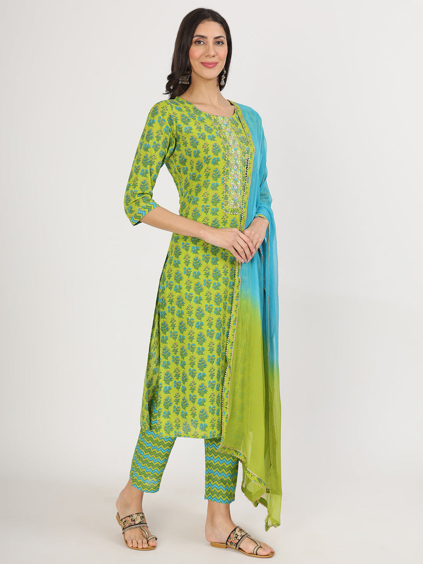 Divena Green Floral Print Cotton Kurta Pants with Dupatta set for women