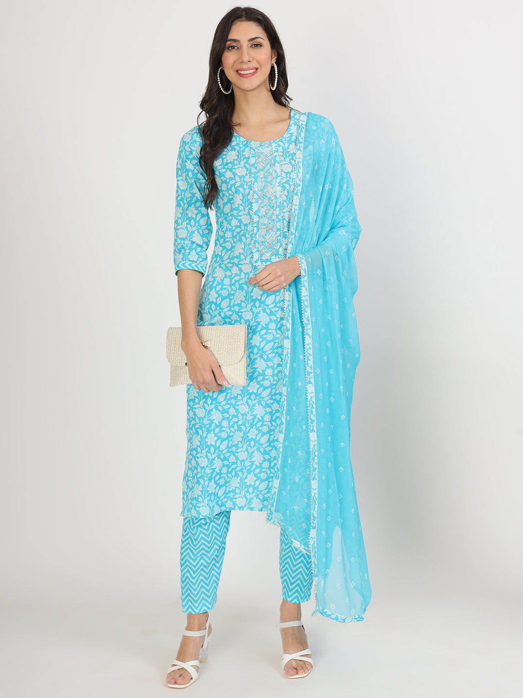 Divena turquoise blue Floral Print Cotton Kurta pants with Dupatta set for women