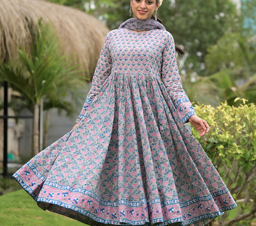 Divena Floral Printed Round Neck Pure Cotton Anarkali Kurta With Trousers & Dupatta