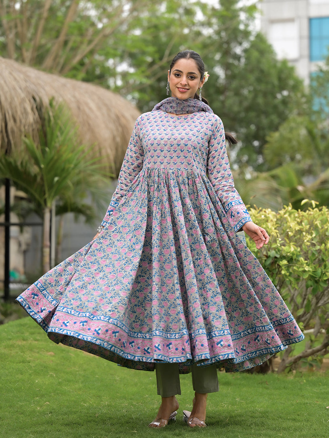 Divena Floral Printed Round Neck Pure Cotton Anarkali Kurta With Trousers & Dupatta