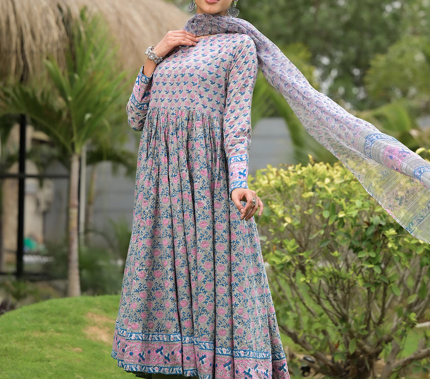 Divena Floral Printed Round Neck Pure Cotton Anarkali Kurta With Trousers & Dupatta