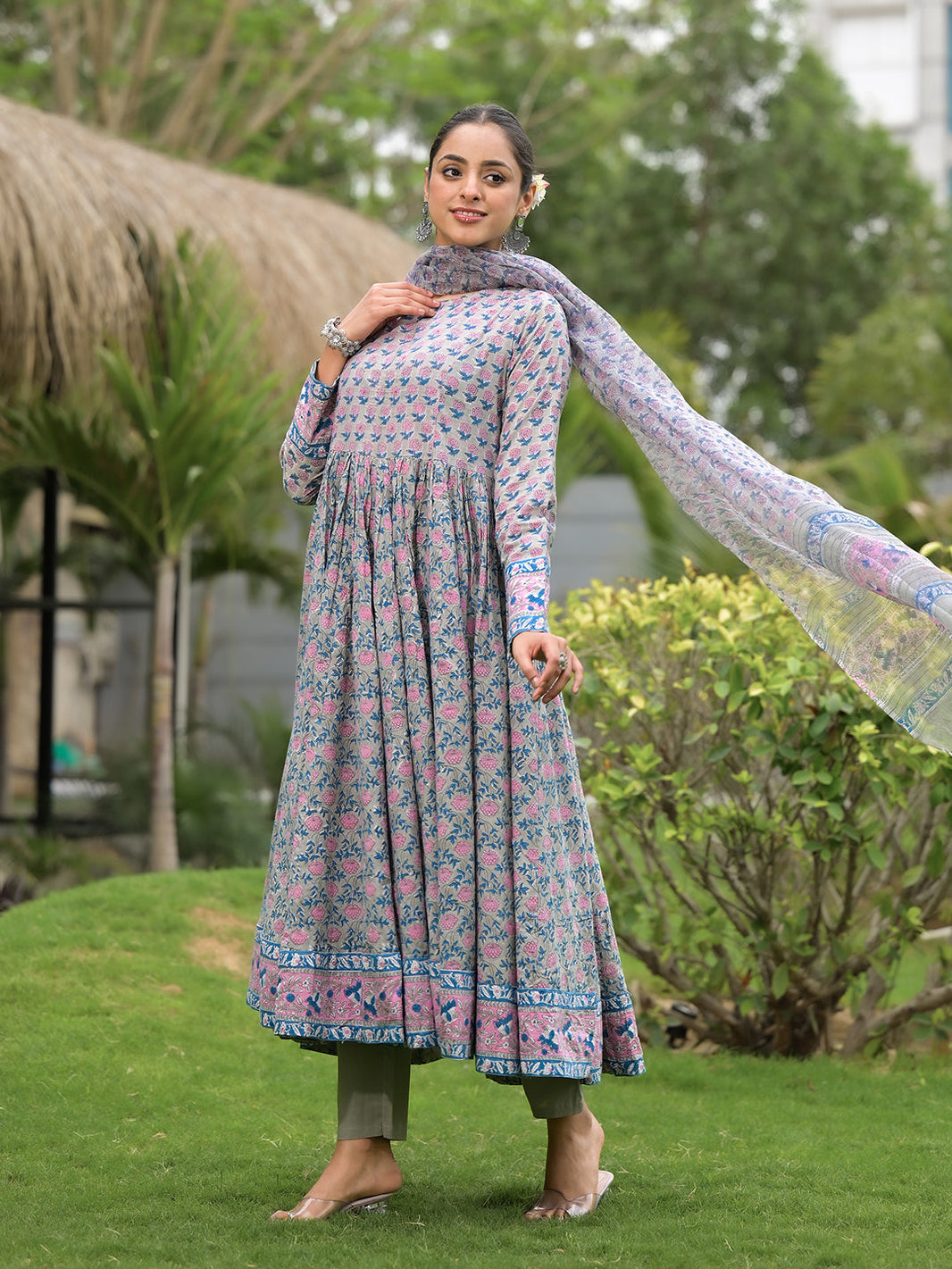 Divena Floral Printed Round Neck Pure Cotton Anarkali Kurta With Trousers & Dupatta