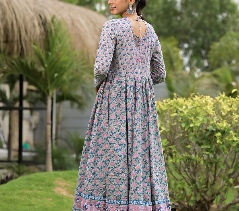 Divena Floral Printed Round Neck Pure Cotton Anarkali Kurta With Trousers & Dupatta