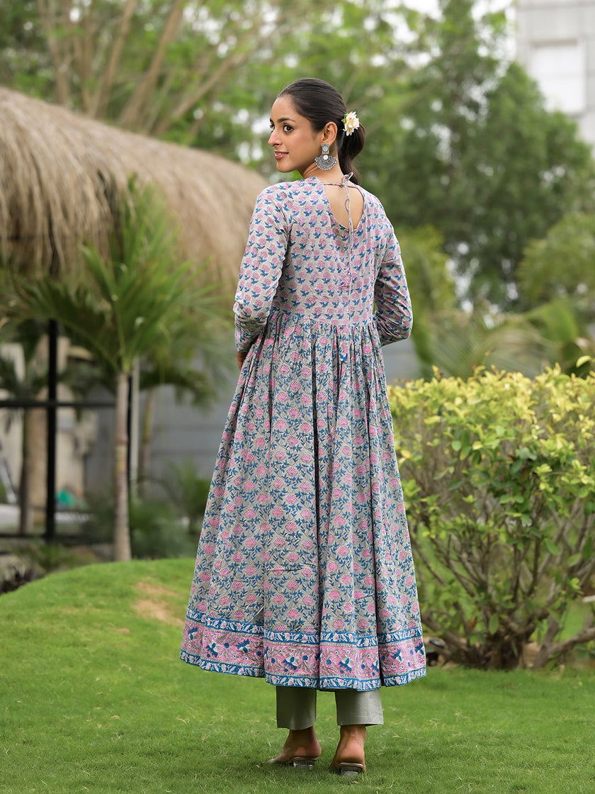 Divena Floral Printed Round Neck Pure Cotton Anarkali Kurta With Trousers & Dupatta