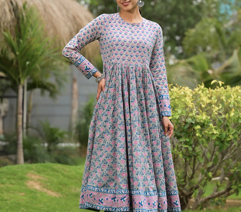 Divena Floral Printed Round Neck Pure Cotton Anarkali Kurta With Trousers & Dupatta