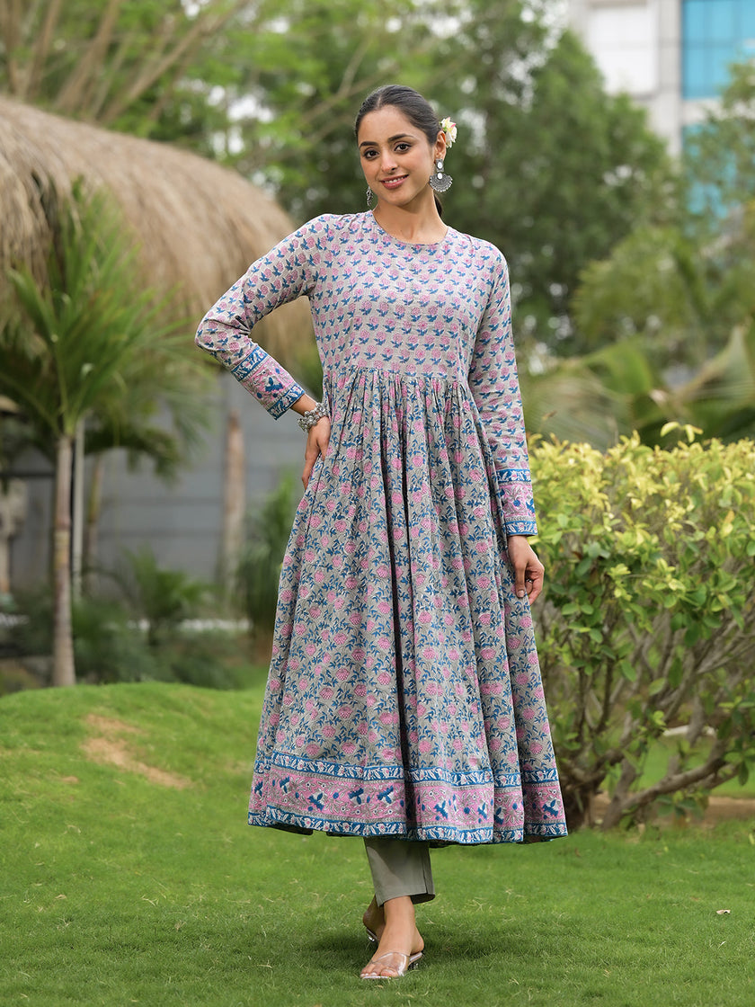 Divena Floral Printed Round Neck Pure Cotton Anarkali Kurta With Trousers & Dupatta