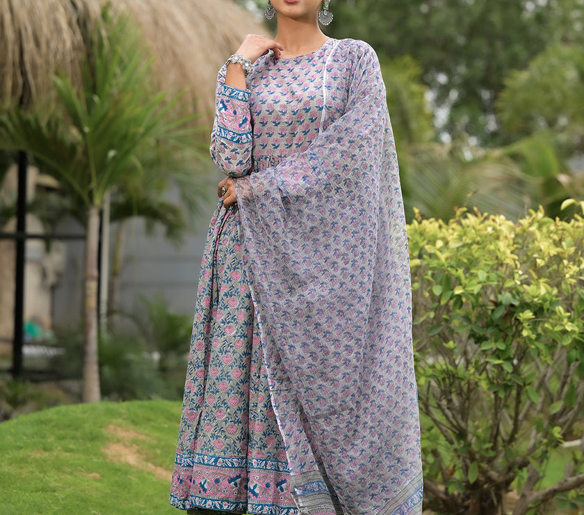 Divena Floral Printed Round Neck Pure Cotton Anarkali Kurta With Trousers & Dupatta