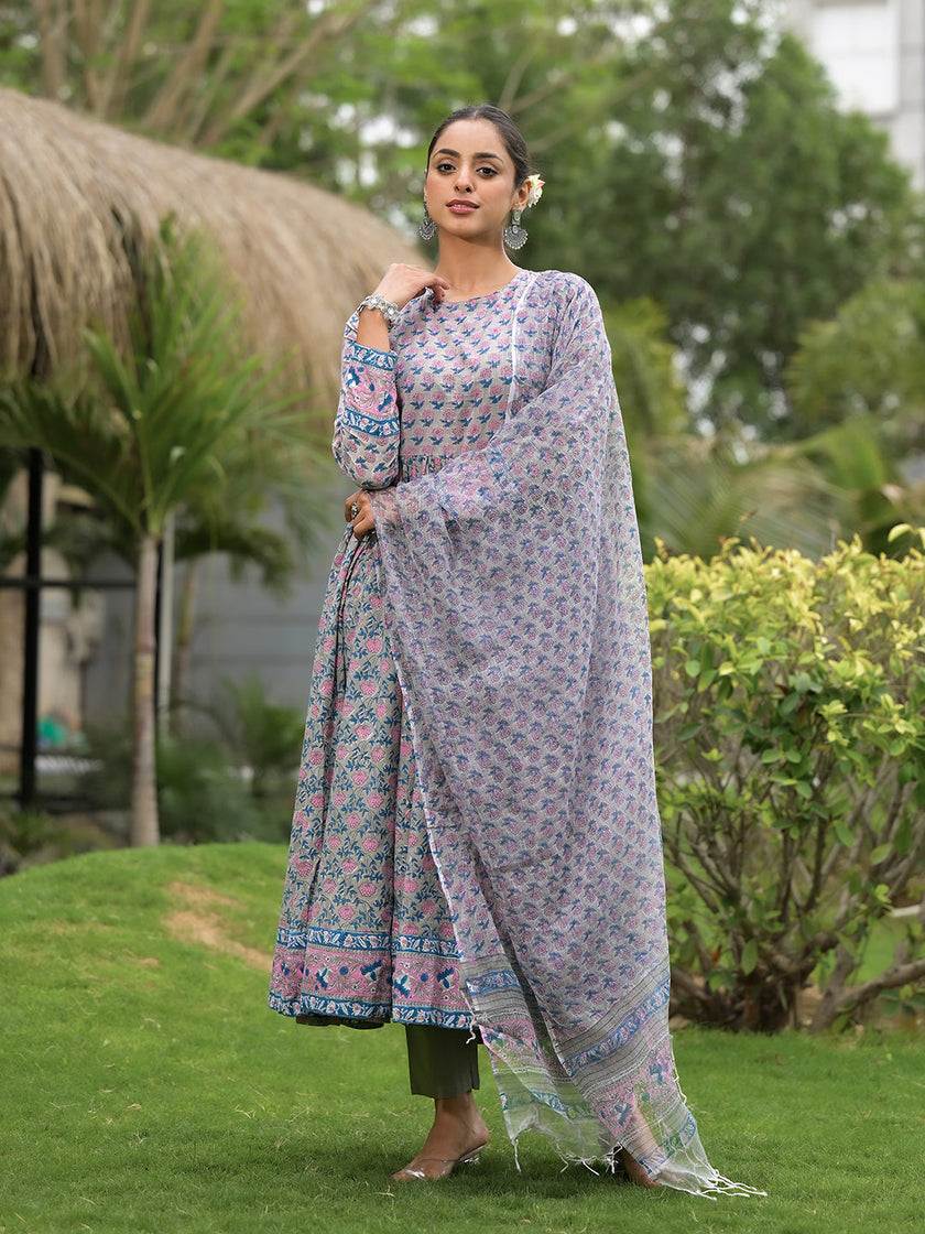 Divena Floral Printed Round Neck Pure Cotton Anarkali Kurta With Trousers & Dupatta